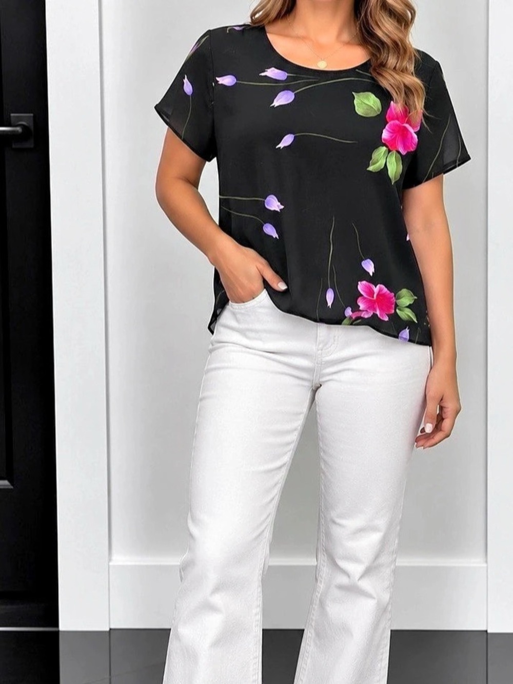 Jessica Howard Petite Floral Blouse in Black & Pink Size Large